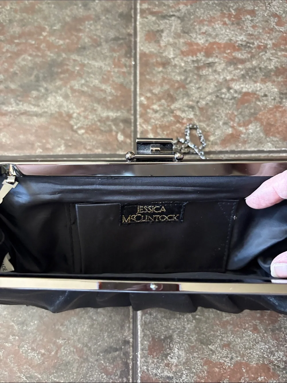 Jessica McClintock Black Satin Pleated Frame Clutch with Chain